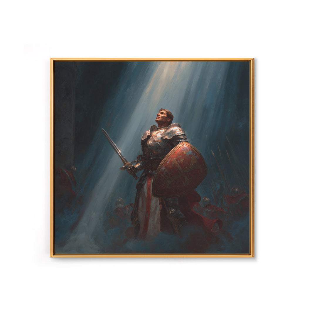Heroic Knight With Sword And Shield In Divine Light Framed Canvas Print, Fantasy Wall Art, Medieval Wall Decor, Gift For Him