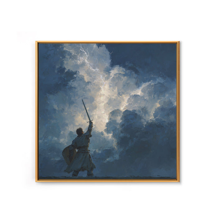 Warrior Raising Sword Into Lightning Canvas Print, Epic Fantasy Wall Art, Storm Clouds, Dark Heroic Medieval Home Decor Gift