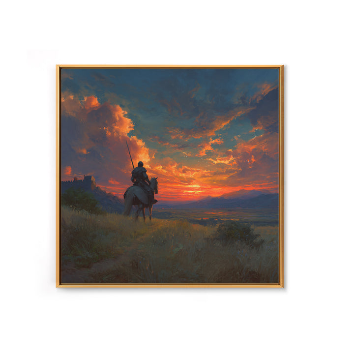Armored Knight On Horseback At Fiery Sunset Canvas Print, Medieval Fantasy Wall Art, Dramatic Landscape Decor For Him Gift