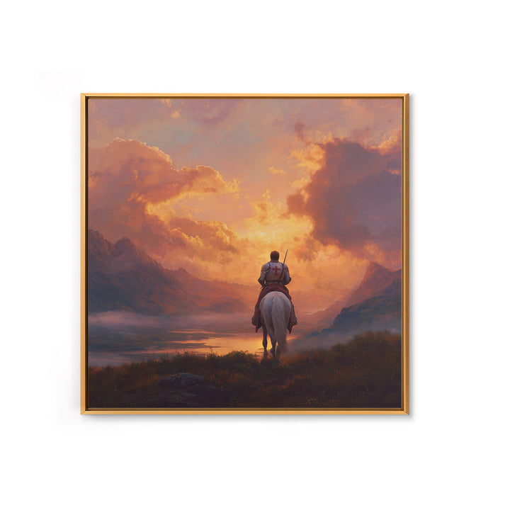 Lone Crusader Horseback Sunset Canvas Print, Epic Mountain Landscape Wall Art, Christian Artwork, Fantasy Art, Gift For Him