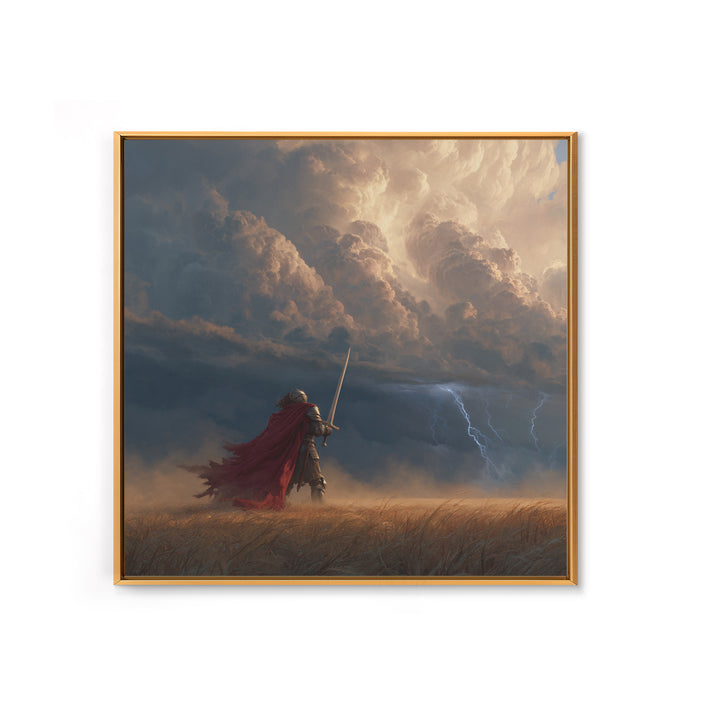 Armored Knight Facing Thunderstorm Wall Art, Dark Fantasy Canvas Print, Medieval Decor, Dramatic Warrior Gift For Him, Office Decor