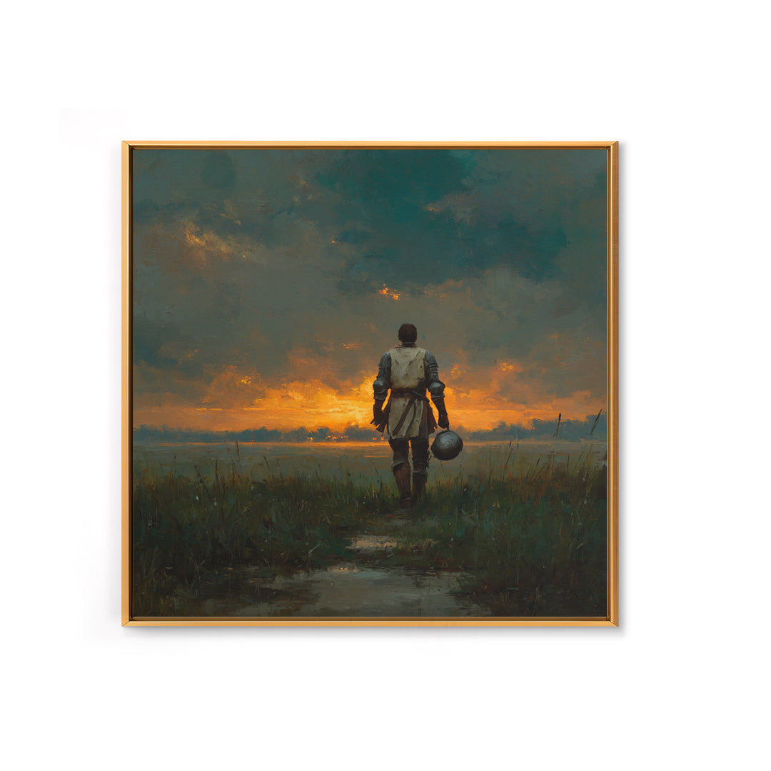 Lone Knight Walking Into Sunset Wall Art, Moody Medieval Landscape Canvas Print, Dark Academia Decor, Fantasy Gift For Him