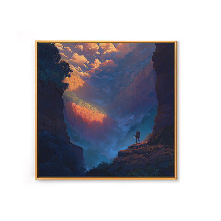 Warrior Over Misty Canyon Wall Art, Epic Fantasy Landscape Canvas Print, Mountain Wall Art, Adventure Decor, Gift For Him