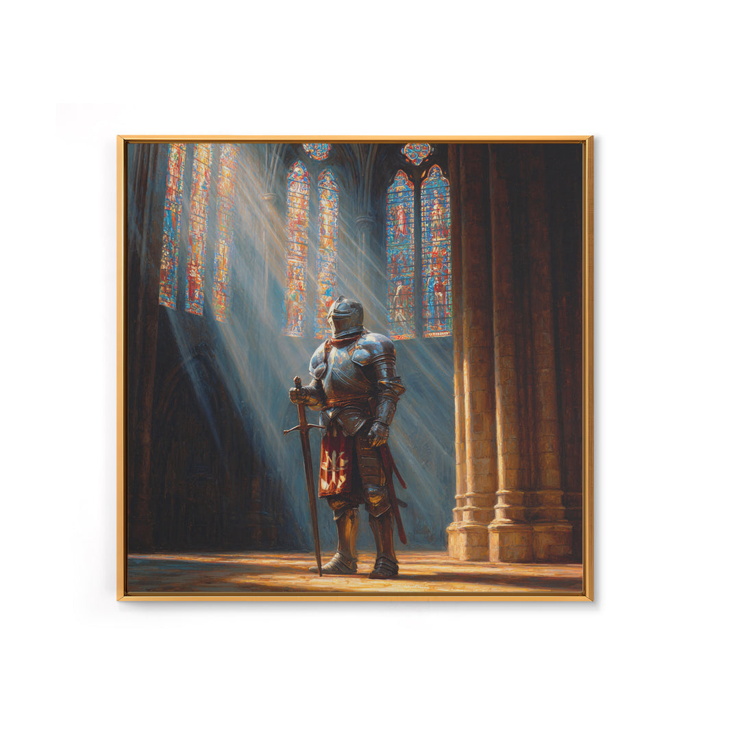 Armored Knight In Cathedral Light Wall Art, Medieval Fantasy Oil Painting, Gothic Decor, Dark Academia, Living Room Decor, Gift For Him