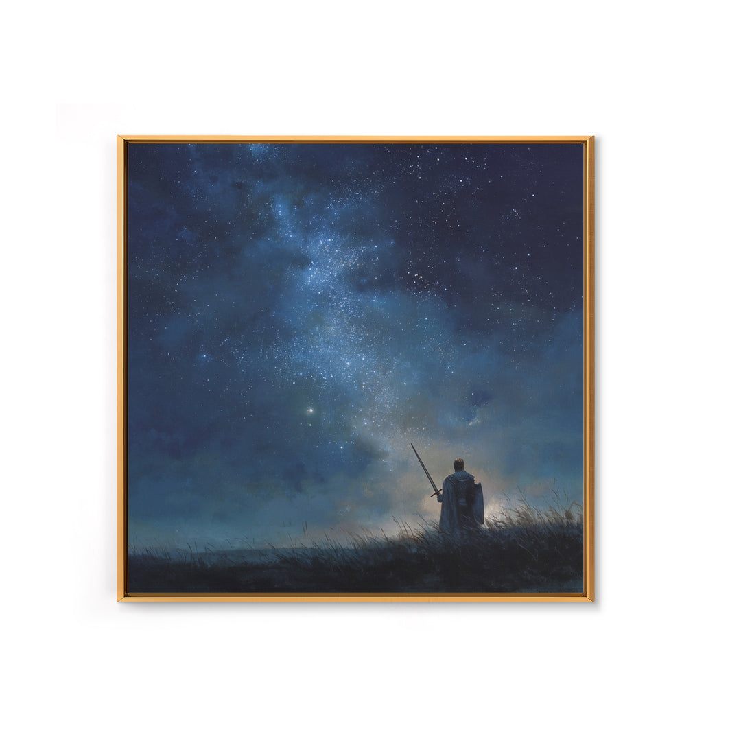 Starry Night Warrior With Sword Under Milky Way Canvas Print, Fantasy Wall Art, Celestial Decor, Mystical Bedroom Art Gift