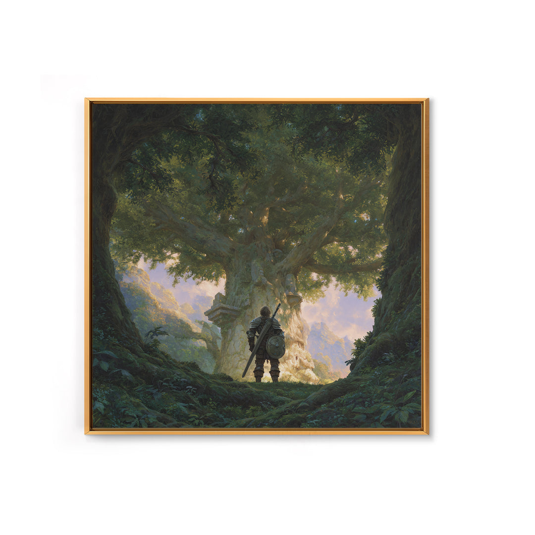 Warrior Before Ancient Tree Wall Art, Fantasy Forest Canvas Print, Enchanted Landscape Decor, Mythical Adventure Gift For Gamers