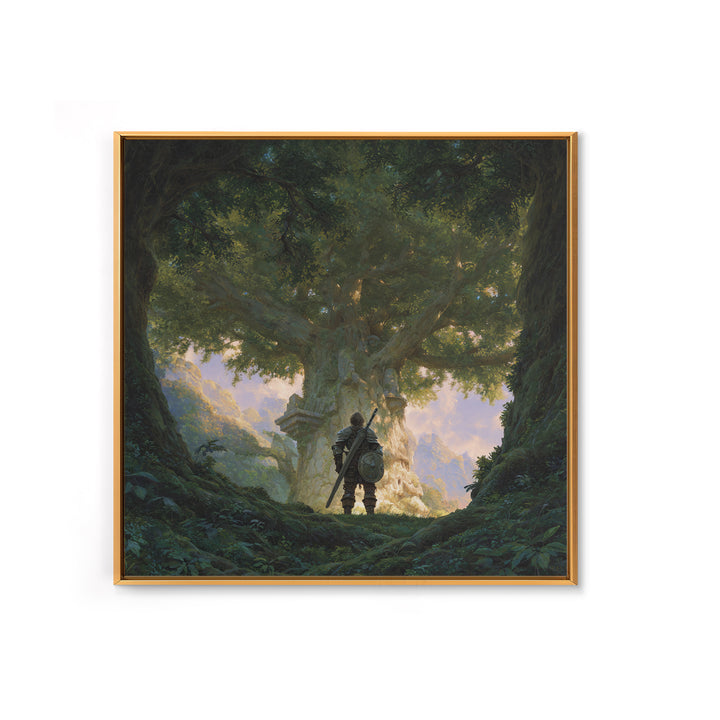 Warrior Before Ancient Tree Wall Art, Fantasy Forest Canvas Print, Enchanted Landscape Decor, Mythical Adventure Gift For Gamers