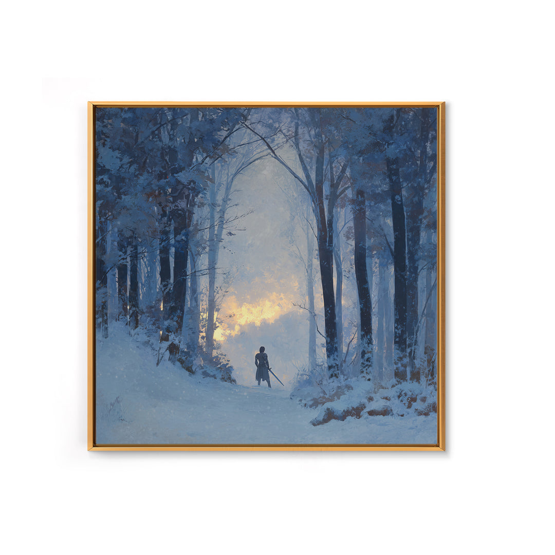 Blue Snowy Forest Wanderer Wall Art, Winter Landscape Canvas Print, Moody Nature Decor, Fantasy Adventure Gift For Him