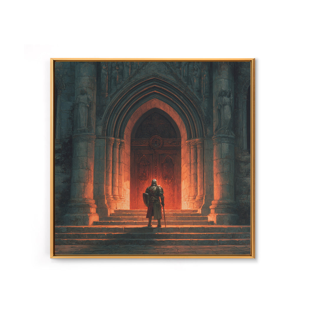 Armored Knight Before Gothic Cathedral Door Canvas Print, Medieval Wall Art, Dark Academia Decor, Gothic Fantasy Gift For Him