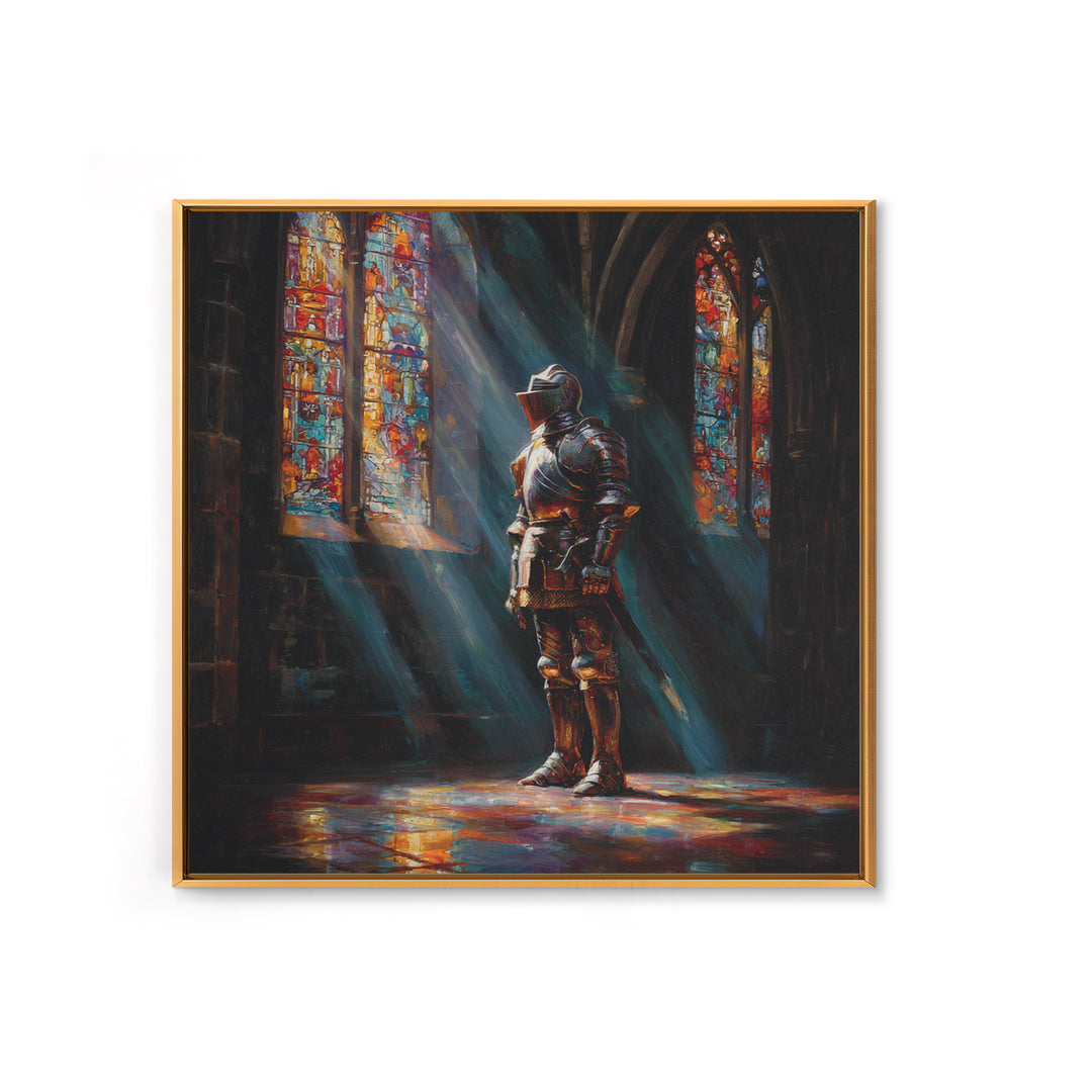 Armored Knight In Stained Glass Cathedral Wall Art, Gothic Castle Canvas Print, Medieval Decor, Dark Academia Fine Art Print