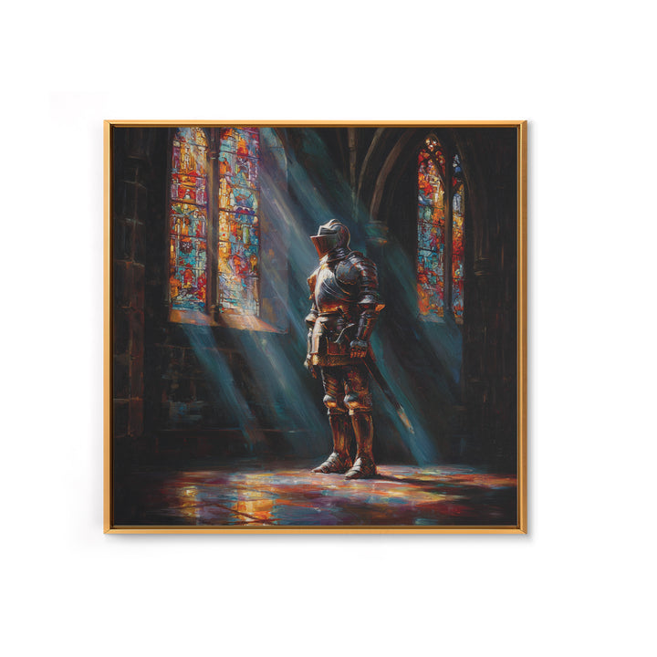 Armored Knight In Stained Glass Cathedral Wall Art, Gothic Castle Canvas Print, Medieval Decor, Dark Academia Fine Art Print