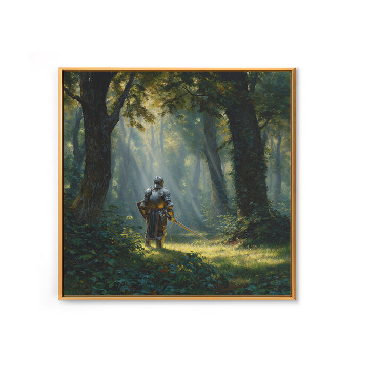 Armored Knight In Sunlit Forest Wall Art, Fantasy Canvas Print, Medieval Woodland Decor For Game Room Office And Home Decor