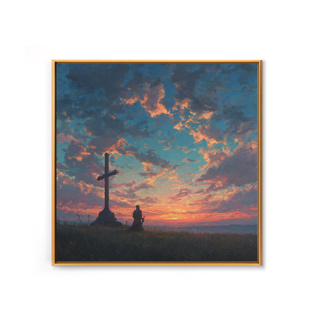 Knight Praying By Cross At Sunset Wall Art, Christian Landscape Painting, Bible Verse Decor, Inspirational Gift For Him Print