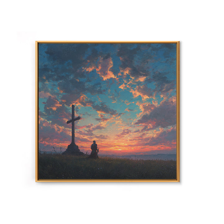Knight Praying By Cross At Sunset Wall Art, Christian Landscape Painting, Bible Verse Decor, Inspirational Gift For Him Print