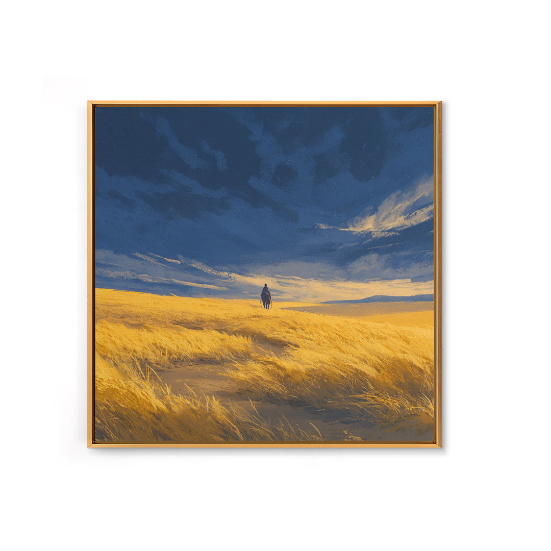 Lone Traveler In Golden Prairie Under Blue Sky Wall Art, Dreamy Landscape Canvas Print, Minimalist Nature Decor, Rustic Gift