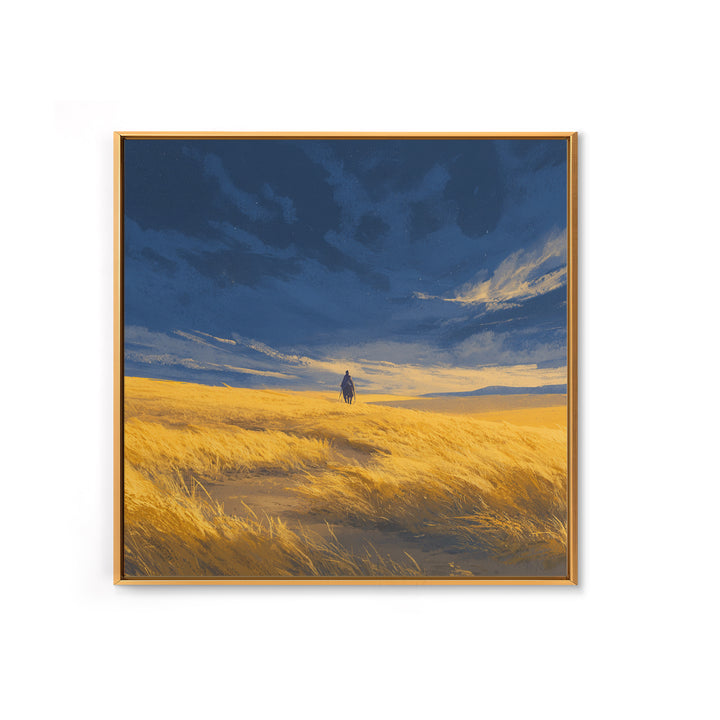 Lone Traveler In Golden Prairie Under Blue Sky Wall Art, Dreamy Landscape Canvas Print, Minimalist Nature Decor, Rustic Gift