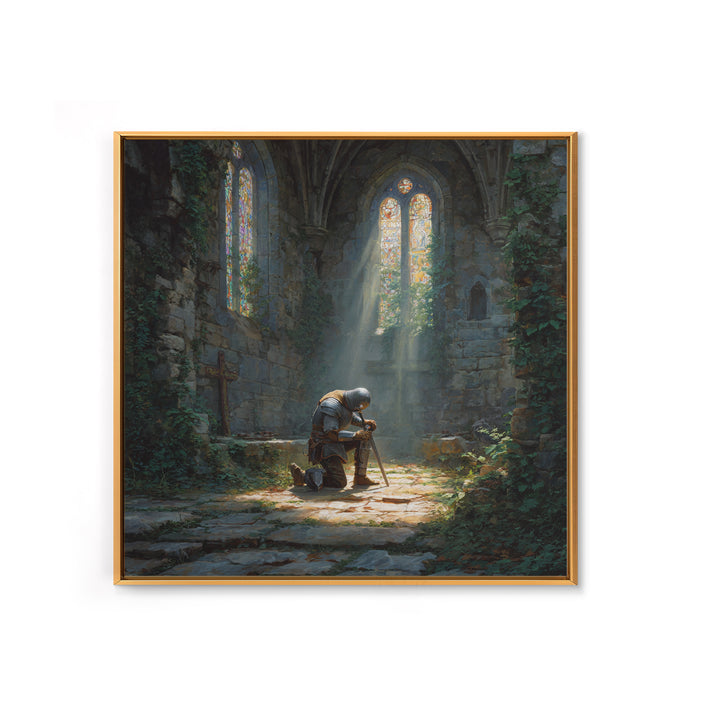 Kneeling Knight In Ruined Chapel Wall Art, Medieval Fantasy Canvas Print, Gothic Decor, Christian Artwork, Fine Art Print