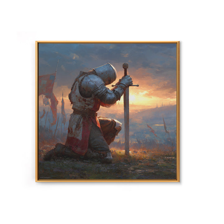 Kneeling Medieval Knight Wall Art, Fantasy Canvas Print, Warrior Sword Painting, Gothic Decor, Dark Academia Gift For Him