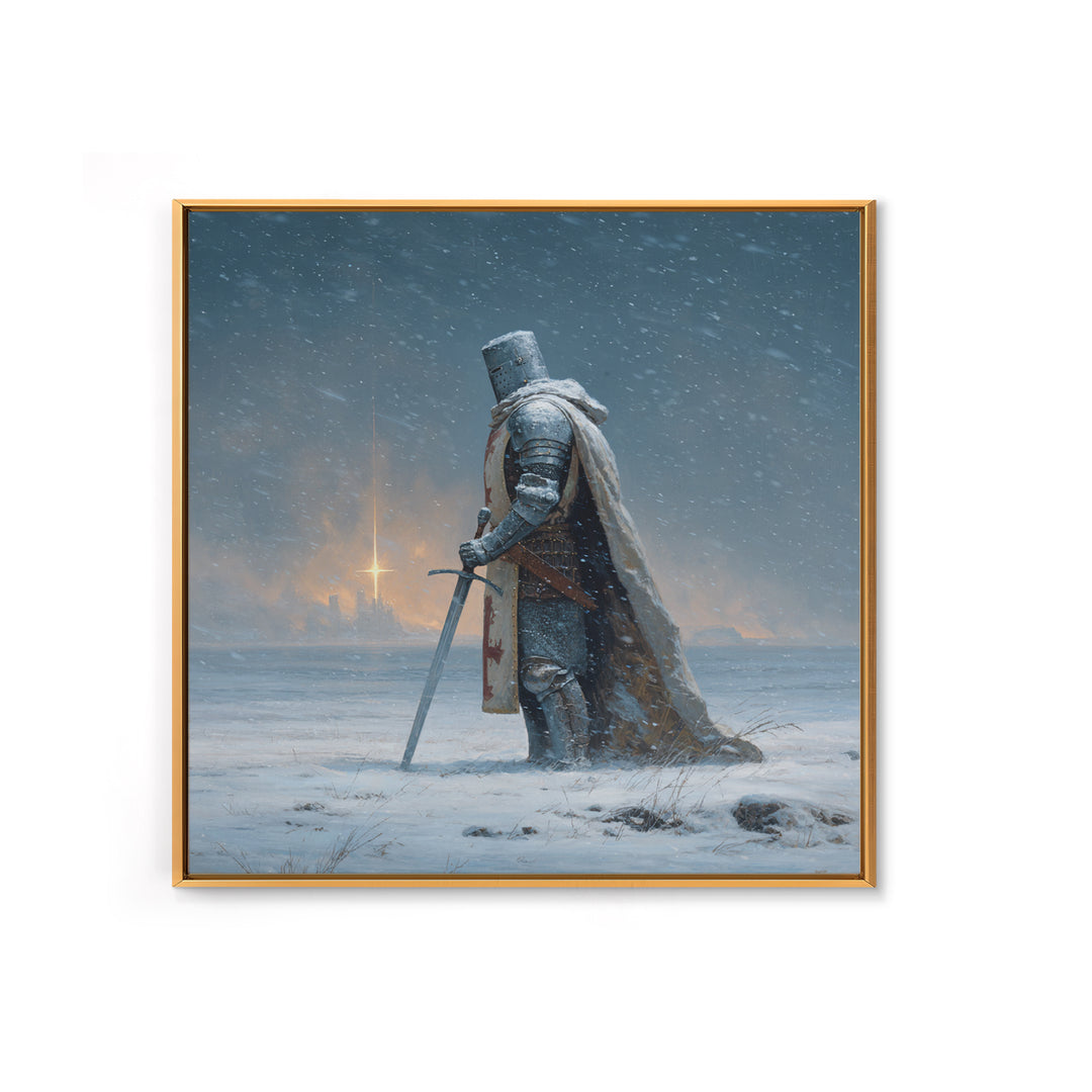 Snowy Medieval Knight Canvas Print, Fantasy Wall Art, Winter Warrior Sword Painting, Gothic Decor, Dark Academia Gift For Him