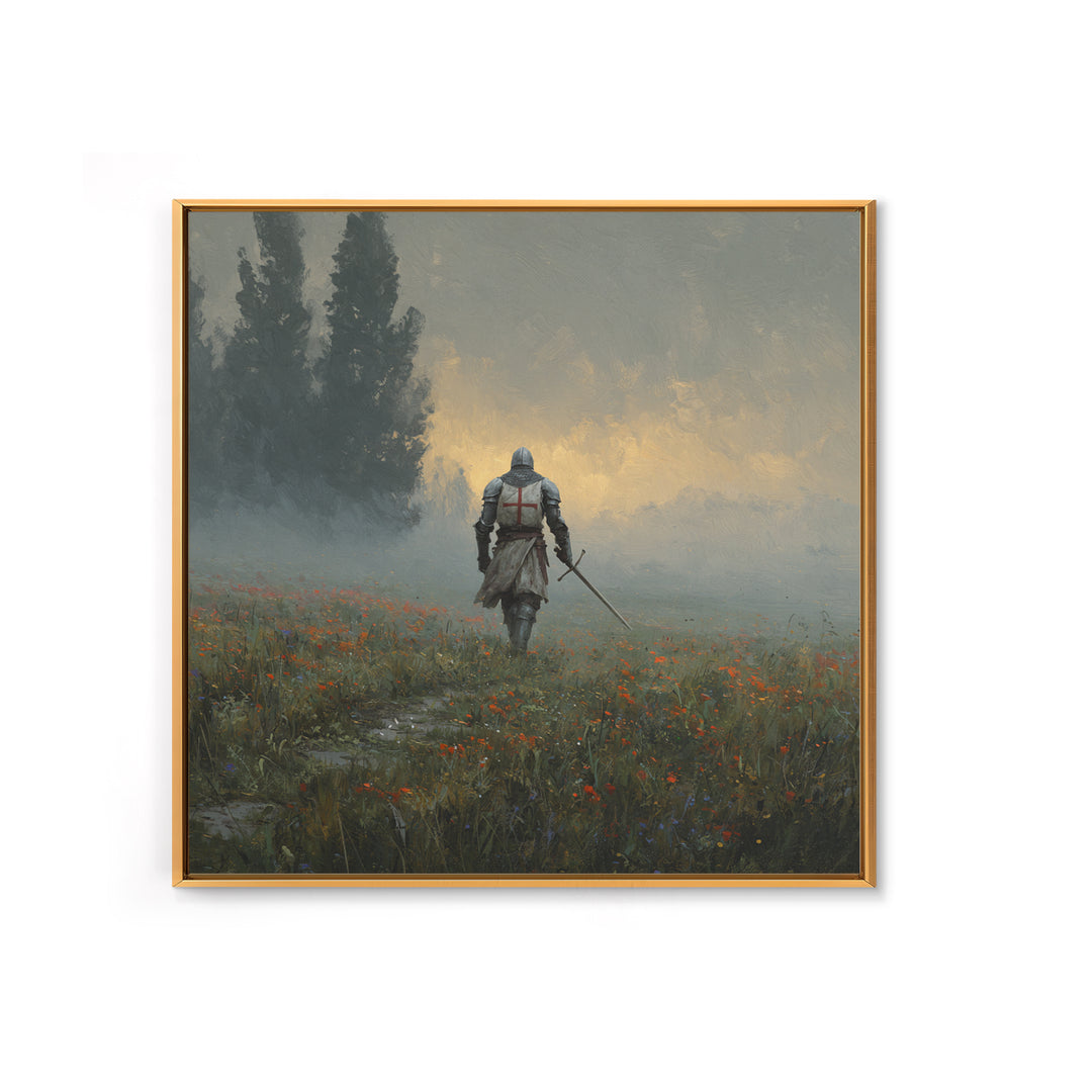 Misty Crusader Knight In Wildflower Meadow Wall Art, Medieval Landscape Canvas Print, Rustic Gothic Decor, Gift For Him Art