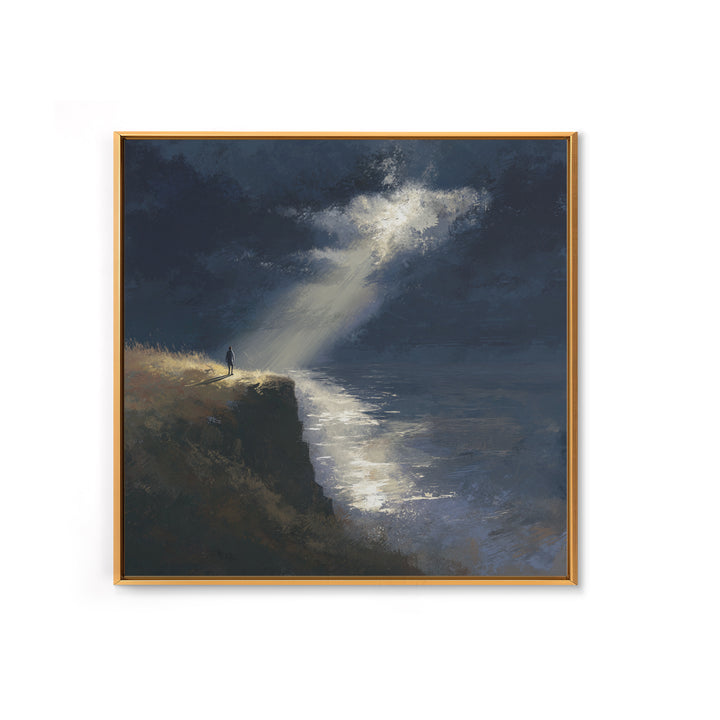 Lone Figure On Moonlit Cliff Wall Art, Moody Seascape, Dramatic Ocean Landscape, Dark Academia, Coastal Canvas Print, Fine Art Print