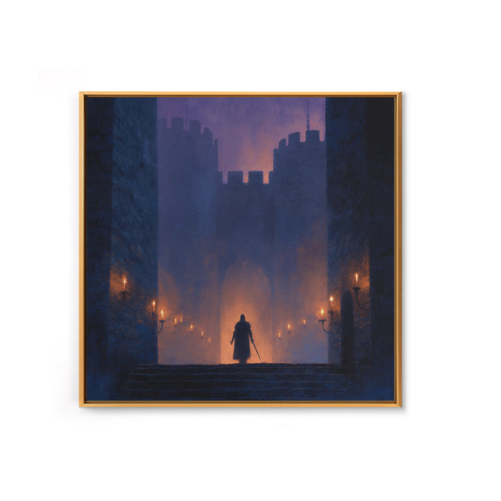 Cloaked Warrior At Castle Gate Wall Art, Dark Fantasy Canvas Print, Medieval Gothic Decor, Moody Game Room Art Gift For Him