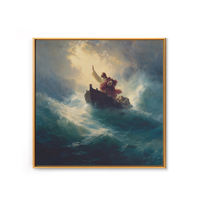 Jesus Calming The Storm At Sea Canvas Print, Biblical Ocean Painting, Christian Wall Art, Faith Gift For Prayer Room Decor