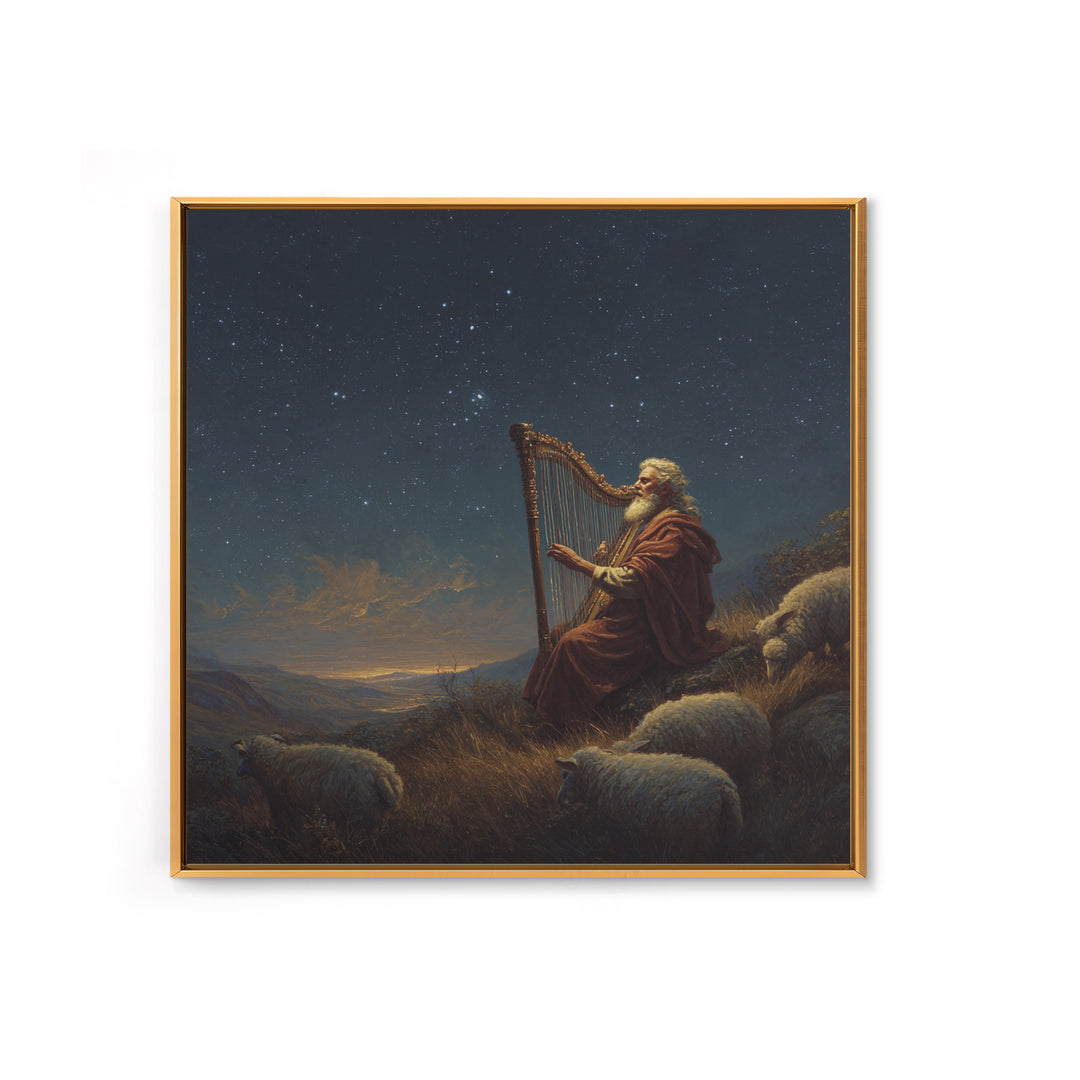 Biblical Shepherd Playing Harp Under Stars Canvas Print, David Psalm Wall Art, Celestial Christian Decor, Peaceful Gift For Her