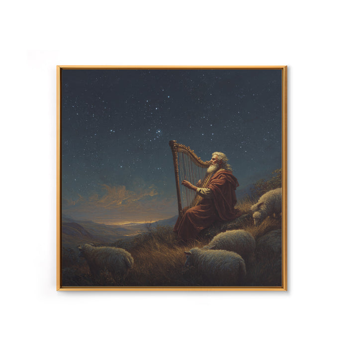 Biblical Shepherd Playing Harp Under Stars Canvas Print, David Psalm Wall Art, Celestial Christian Decor, Peaceful Gift For Her