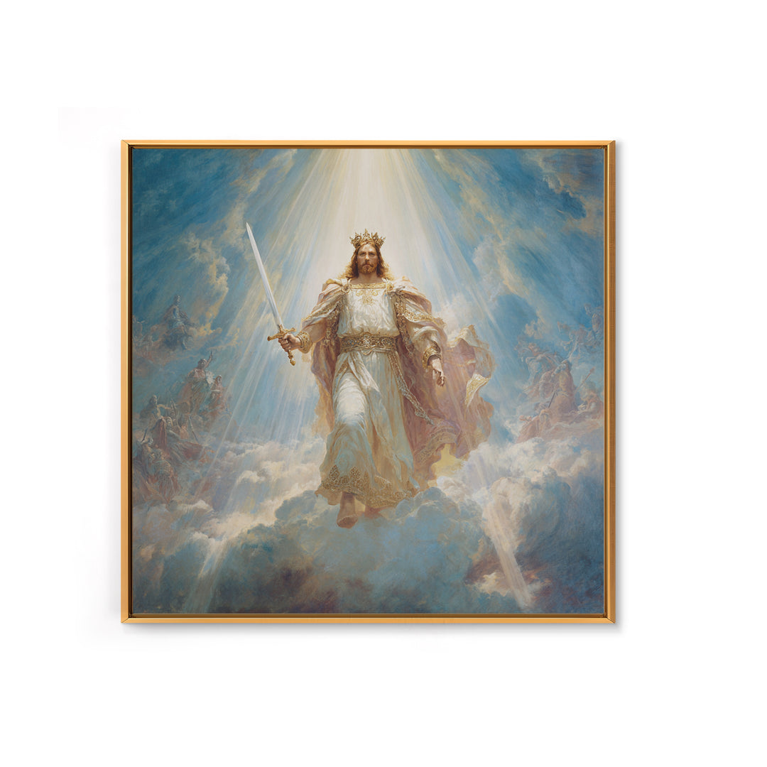 Radiant Jesus Warrior In Clouds Wall Art, Christian Framed Canvas Print, Biblical Religious Home Decor Gift For Prayer Room
