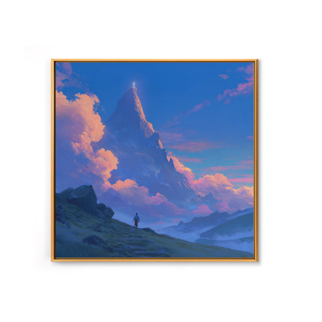 Glowing Fantasy Mountain Canvas Print, Epic Landscape Wall Art, Blue Sky Adventure Decor, Dreamy Nature Art, Gift For Him