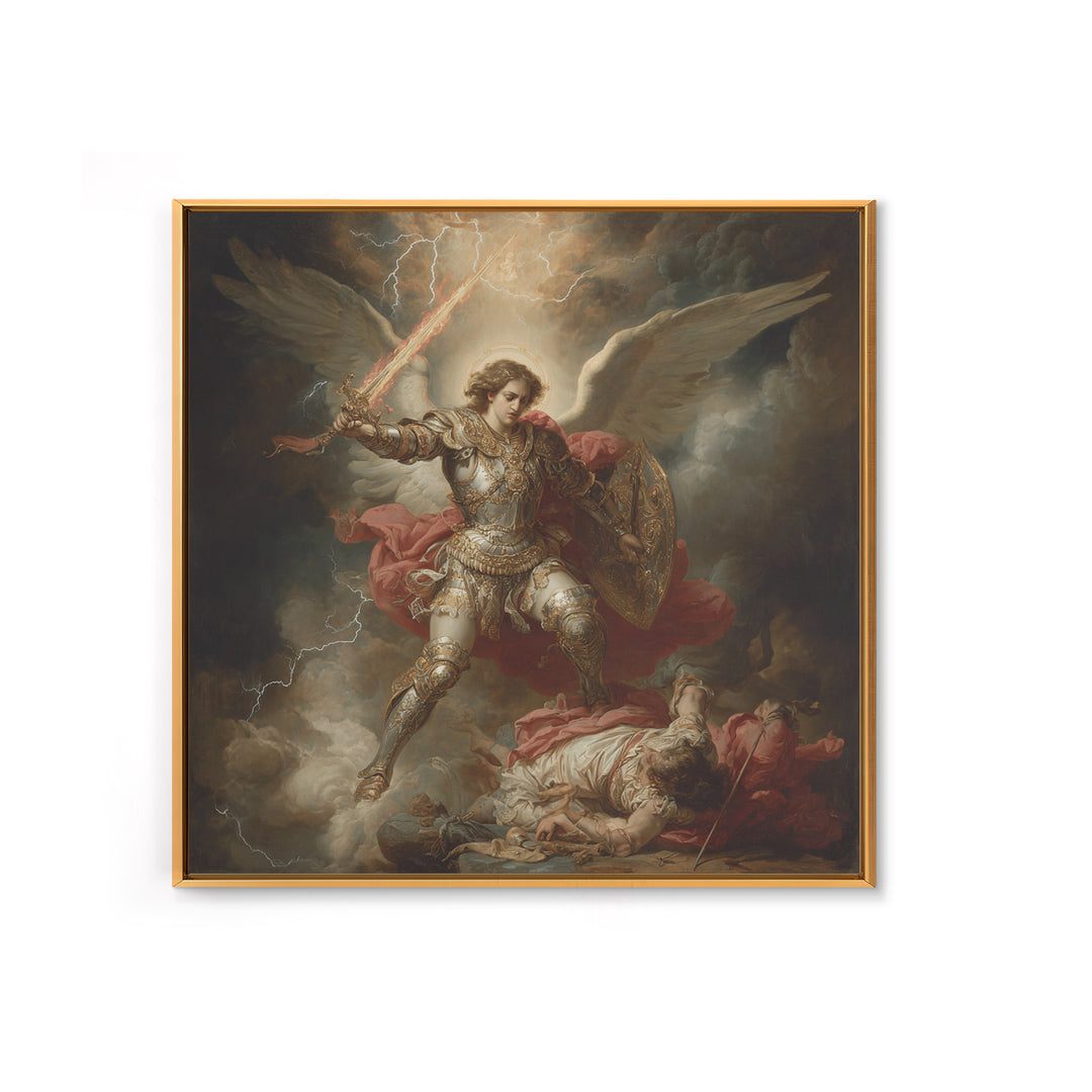 Archangel Michael Defeating Demon Framed Canvas Print, Baroque Religious Wall Art, Catholic Gift, Dramatic Fine Art Print
