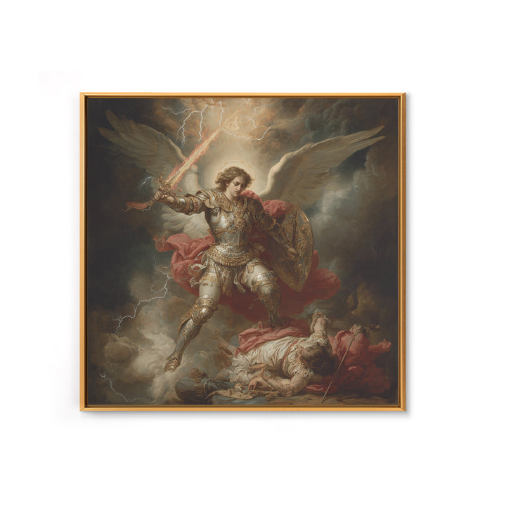 Archangel Michael Defeating Demon Framed Canvas Print, Baroque Religious Wall Art, Catholic Gift, Dramatic Fine Art Print