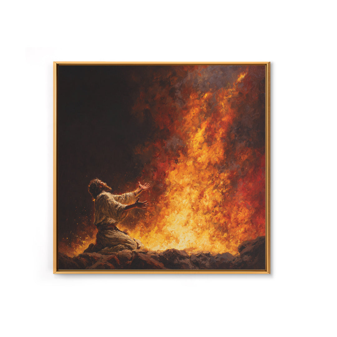 Kneeling Prophet Before Blazing Fire Wall Art, Biblical Painting, Spiritual Canvas Wall Art, Dramatic Christian Home Decor
