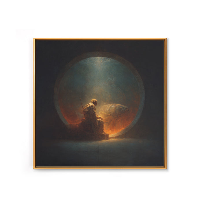 Surreal Fisherman And Giant Fish Canvas Print, Dark Fantasy Art, Moody Wall Decor, Unique Statement Artwork, Fine Art Print