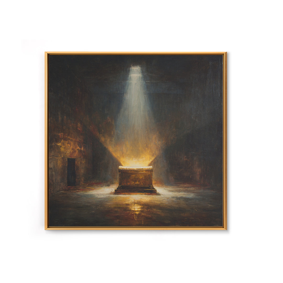 Glowing Ark In Ancient Chamber Framed Canvas Print, Dark Academia Wall Art, Biblical Oil Painting, Spiritual Home Decor Print