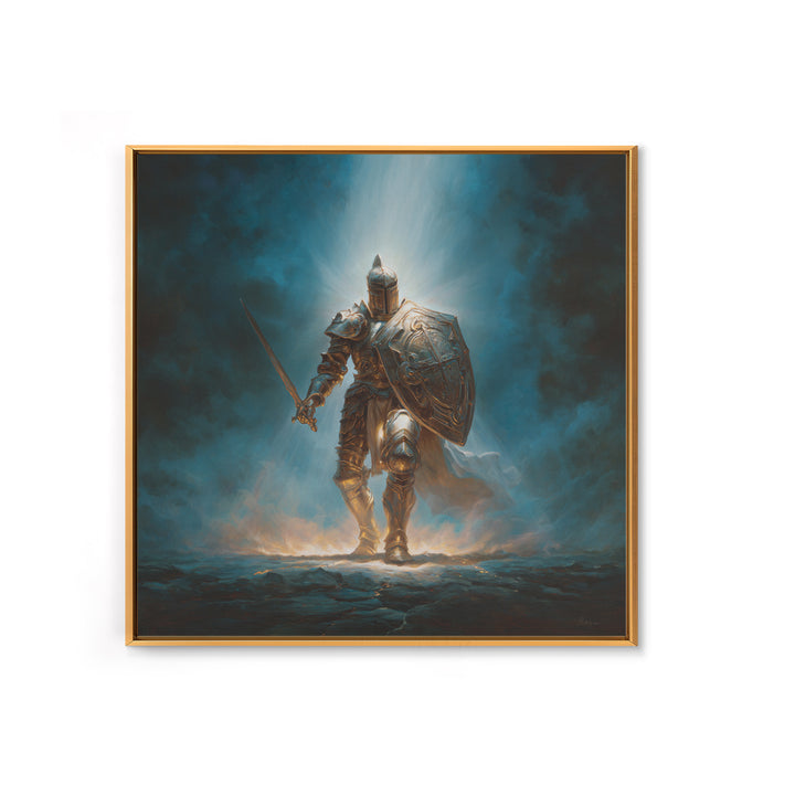 Heroic Silver Knight With Sword And Shield Wall Art, Fantasy Warrior Framed Canvas Print, Gothic Decor, Dramatic Office Art