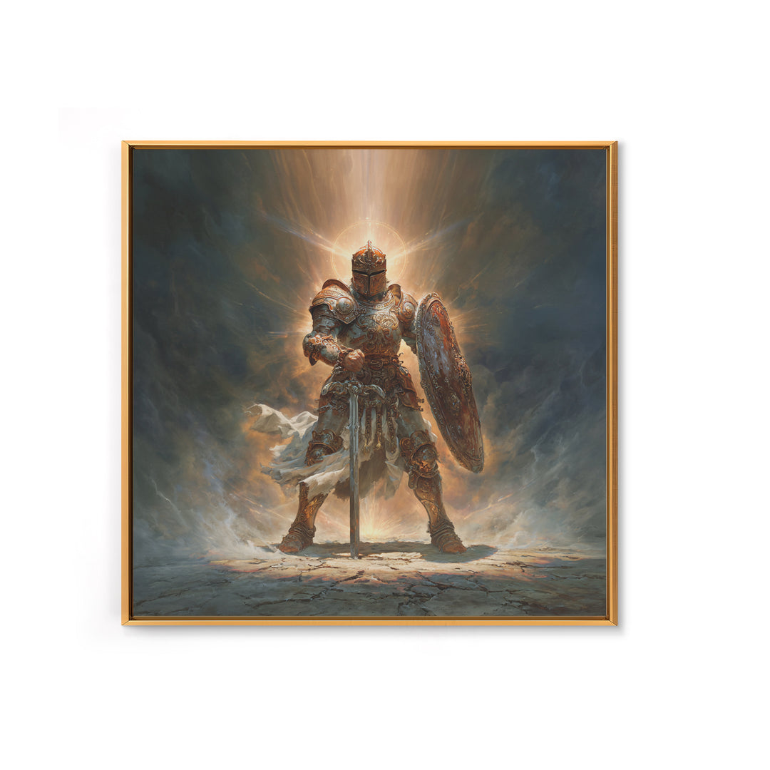 Glowing Medieval Knight Framed Canvas Print, Fantasy Wall Art, Warrior Armor Painting For Man Cave Decor And Gift For Him