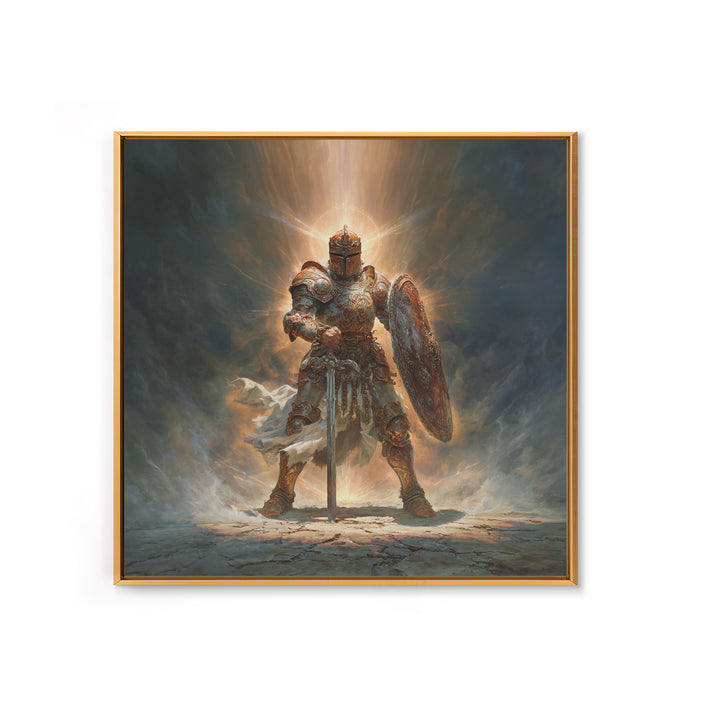 Glowing Medieval Knight Framed Canvas Print, Fantasy Wall Art, Warrior Armor Painting For Man Cave Decor And Gift For Him