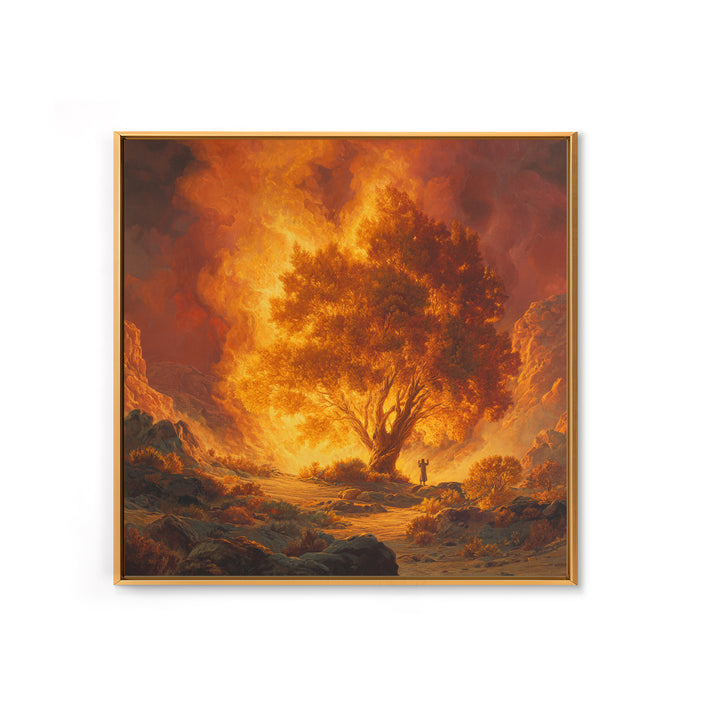 Fiery Burning Bush In Desert Wall Art, Biblical Christian Canvas Print, Spiritual Landscape Decor, Religious Housewarming Gift