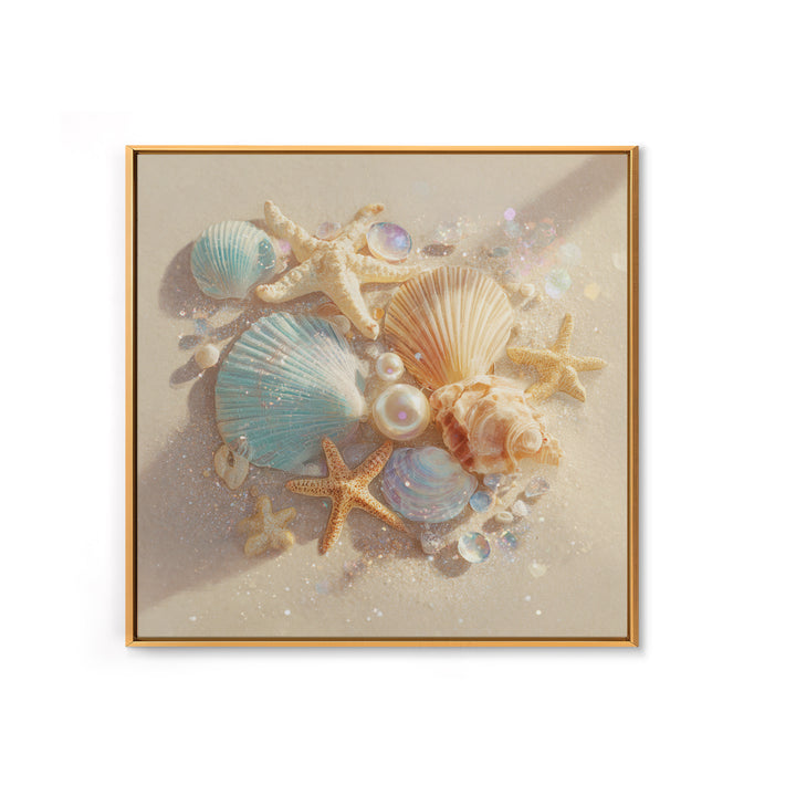 Seashells Starfish And Pearls Wall Art, Coastal Beach Canvas Print, Ocean Life Decor For Bathroom Or Beach House Home Decor