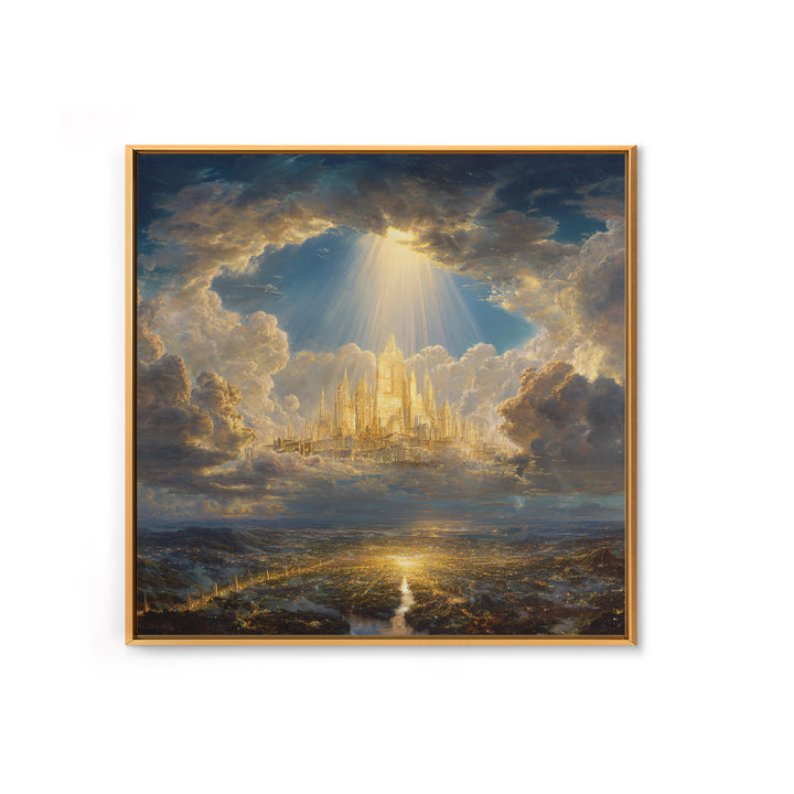 Golden Celestial City Above Clouds Wall Art, Heavenly Fantasy Canvas Print, Spiritual Landscape Decor, Statement Artwork Gift