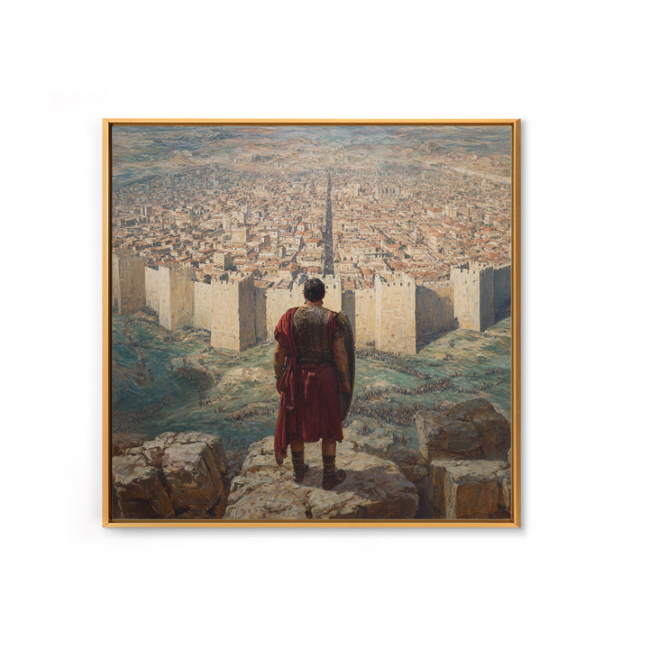 Warrior Over Ancient Walled City Wall Art, Biblical Landscape Framed Canvas Print, Historical Masculine Office Decor Gift