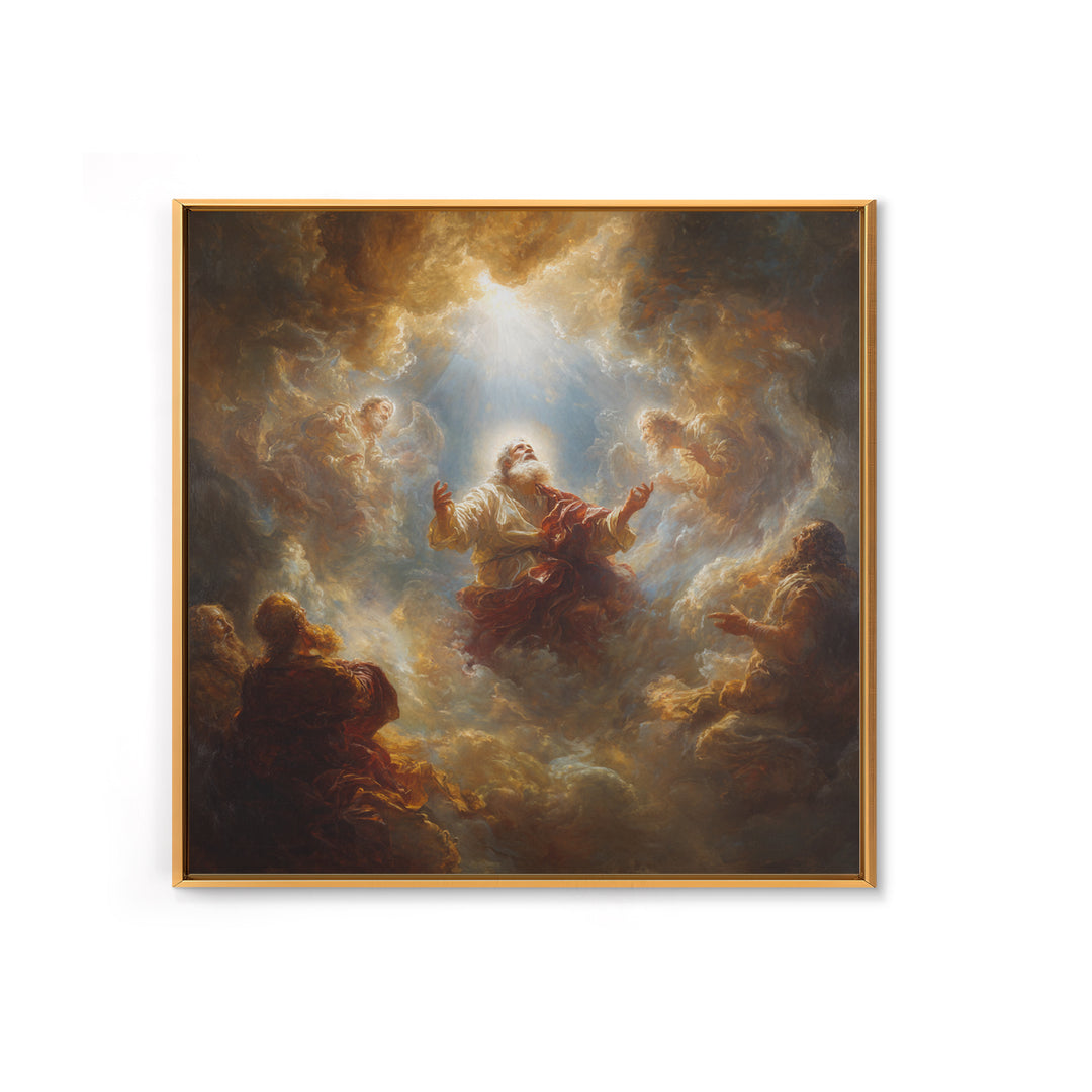 Biblical Prophet Ascending In Golden Clouds Framed Canvas Print, Christian Wall Art, Religious Home Decor, Prayer Room Gift
