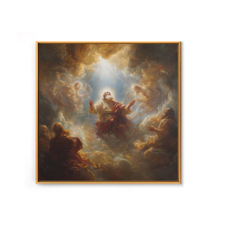 Biblical Prophet Ascending In Golden Clouds Framed Canvas Print, Christian Wall Art, Religious Home Decor, Prayer Room Gift
