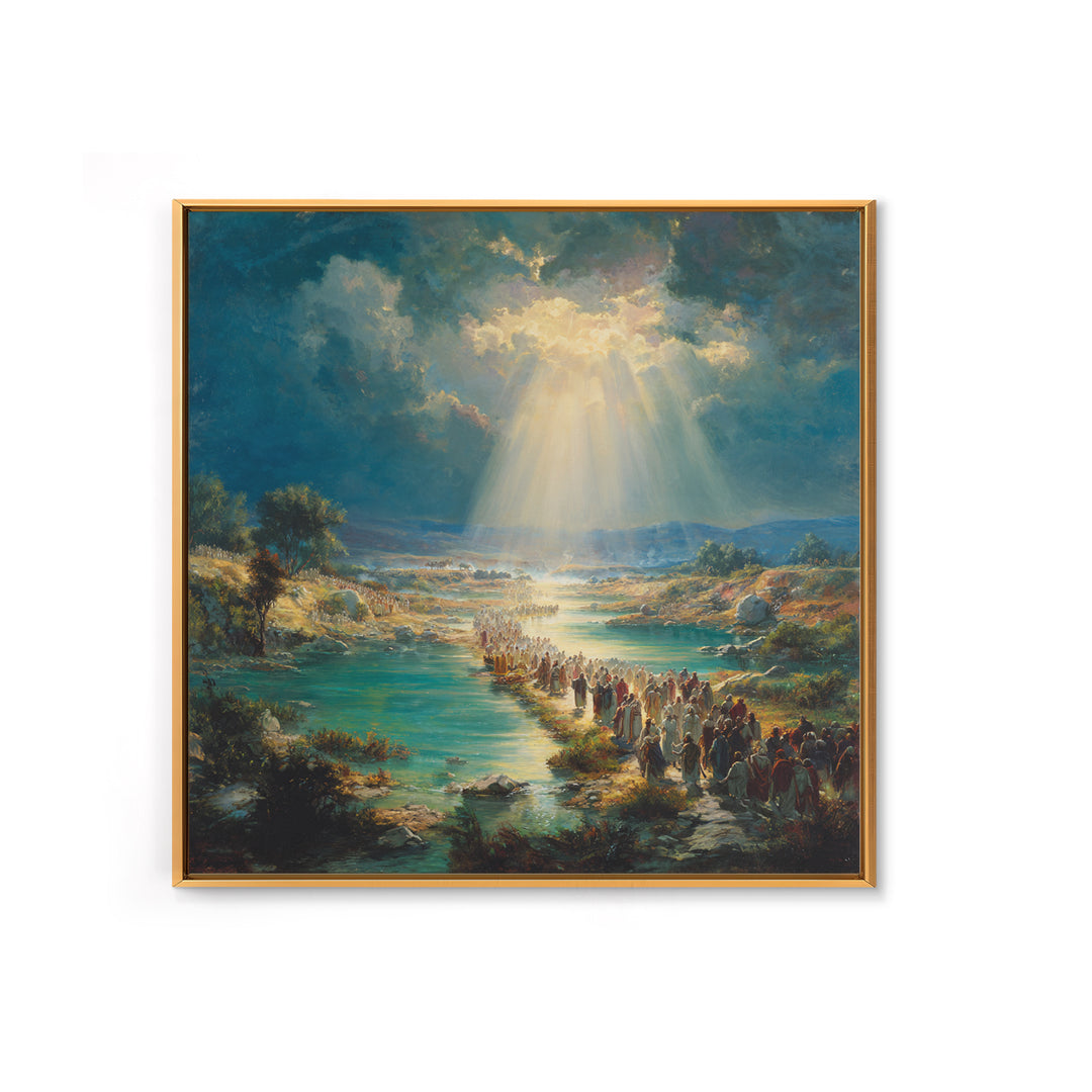 Biblical River Crossing Canvas Print, Radiant Sunbeams Over Sacred Landscape, Christian Wall Art, Religious Home Decor, Prayer Room Decor