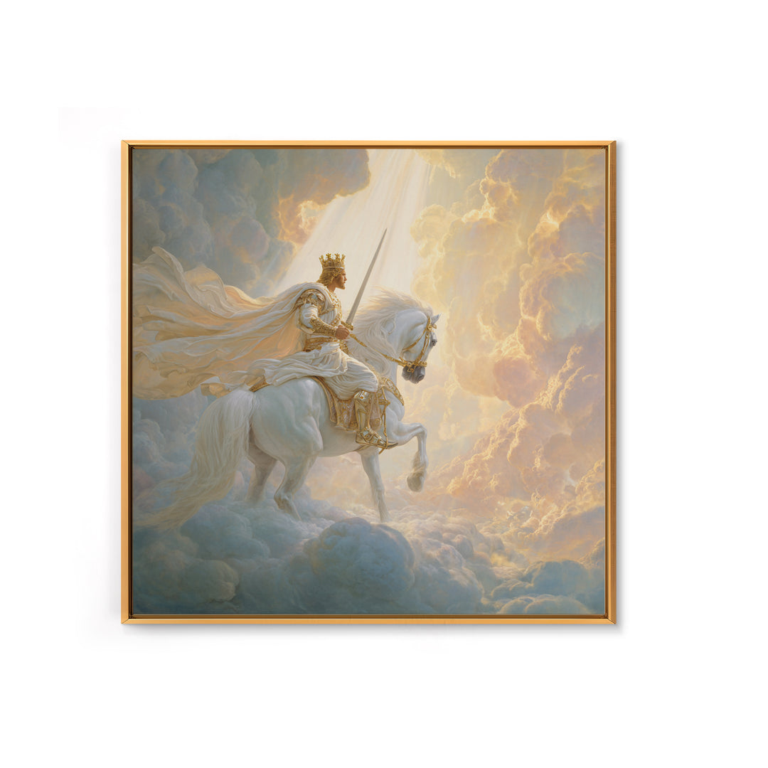 Heavenly King On White Horse Wall Art, Biblical Fantasy Art Print, Christian Home Decor, Ethereal Clouds Framed Canvas Print