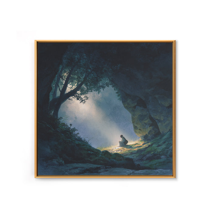 Mystic Cave Seeker Framed Canvas Print, Fantasy Wall Art, Moody Forest Decor, Surreal Adventure Art, Meditation Room Decor