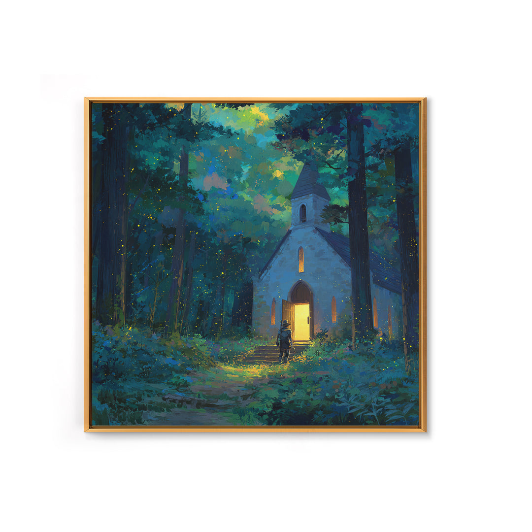 Glowing Chapel In Enchanted Forest Wall Art, Whimsical Christian Canvas Print, Fairy Tale Decor, Kids Room Art, Nursery Decor