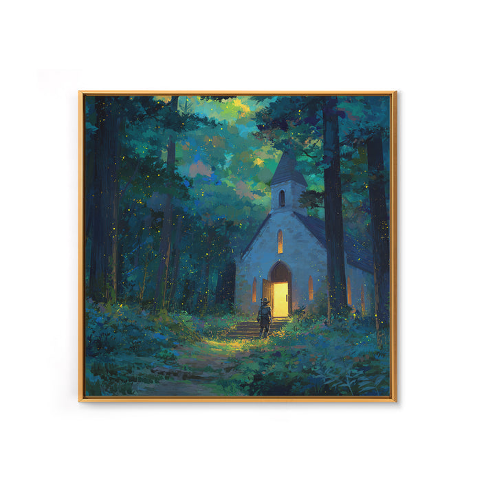 Glowing Chapel In Enchanted Forest Wall Art, Whimsical Christian Canvas Print, Fairy Tale Decor, Kids Room Art, Nursery Decor